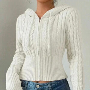 White Casual Women's Fitted Drawstring Hooded Cardigan